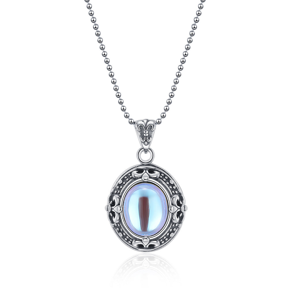 Vintage Cross Moonstone Necklace Women's High Sense Thailand Silver Pendant Personalized Jewelry