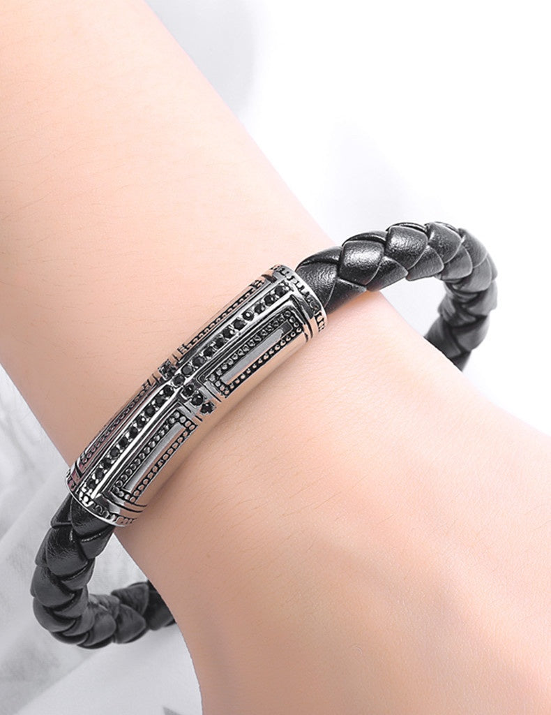 Stainless Steel Ornament Leather Rope Bracelet