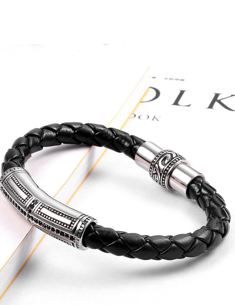 Stainless Steel Ornament Leather Rope Bracelet