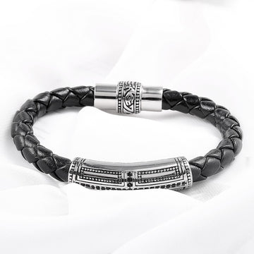 Stainless Steel Ornament Leather Rope Bracelet