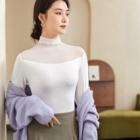 Autumn And Winter Half-high Collar Mesh Thin Transparent T-shirt Lace Top For Women