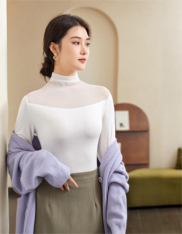 Autumn And Winter Half-high Collar Mesh Thin Transparent T-shirt Lace Top For Women