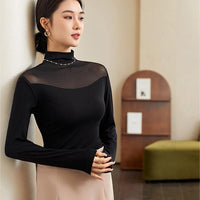 Autumn And Winter Half-high Collar Mesh Thin Transparent T-shirt Lace Top For Women