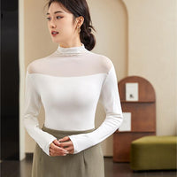 Autumn And Winter Half-high Collar Mesh Thin Transparent T-shirt Lace Top For Women