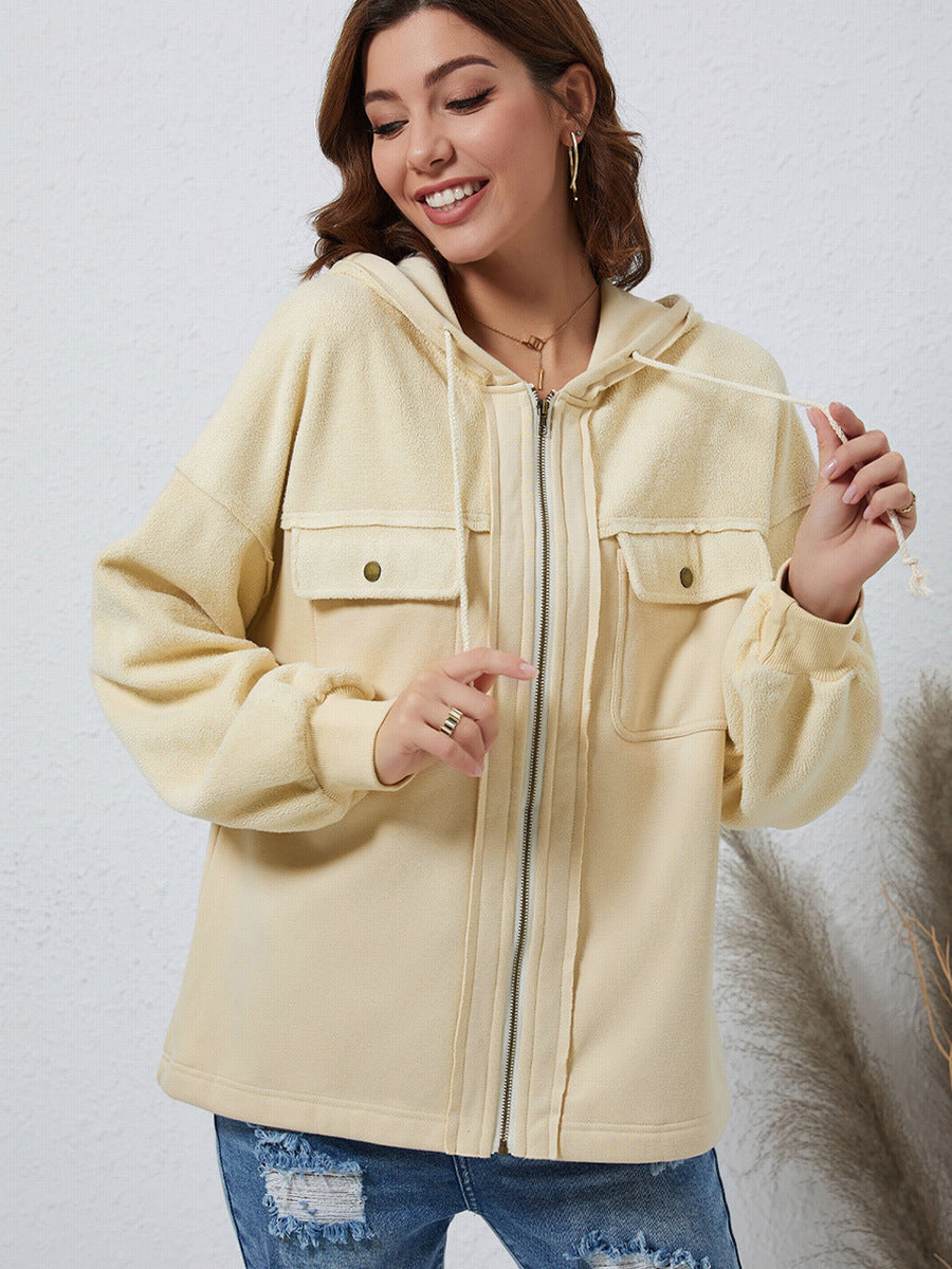 Women's Brushed Plush Hooded Pocket Jacket Coat